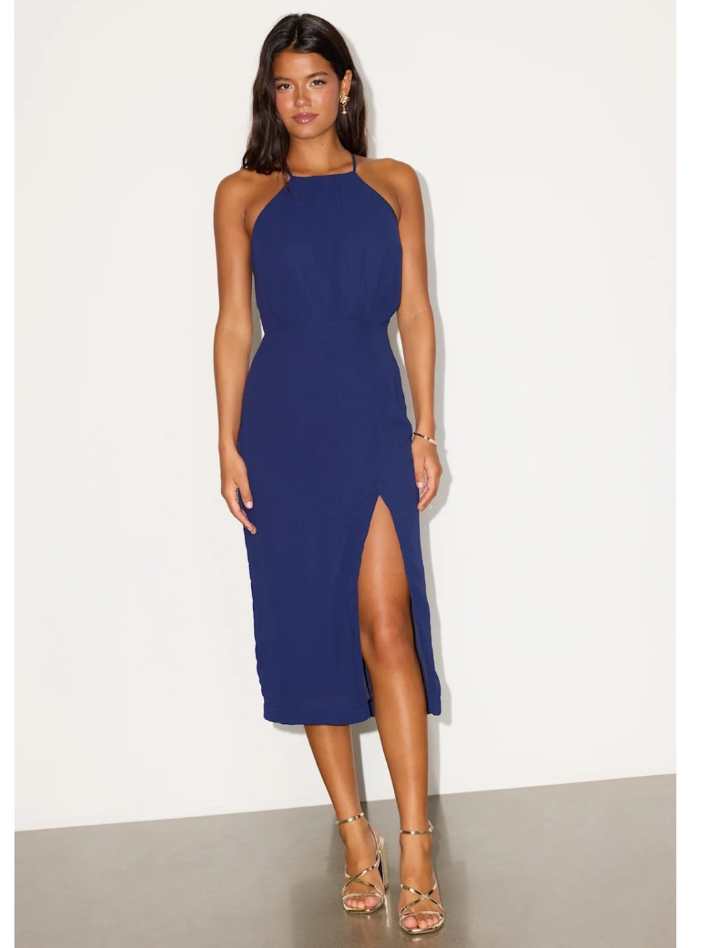 Lulus Dreamy Date Night Navy Blue Sleeveless Apron Neckline Midi Dress Event M